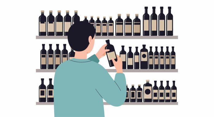 Man choosing wine bottle from shelf in liquor store, shopping, s