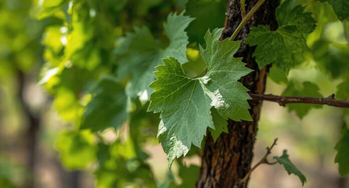 Close up of vibrant green grapevine leaves on aged vine during s