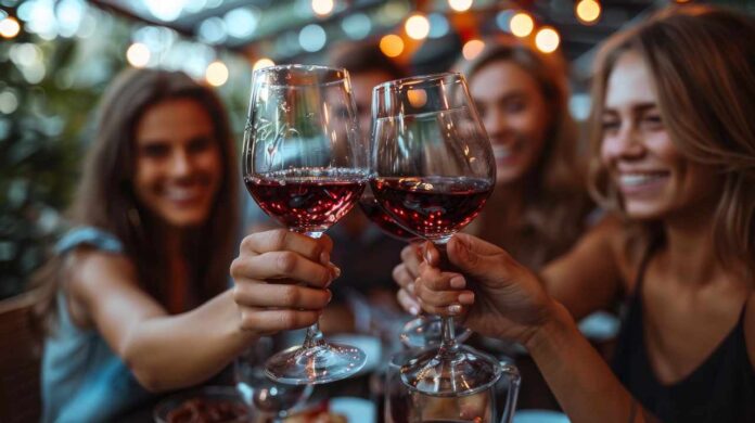 Friends are toasting with red wine glasses at a warm, festive ou