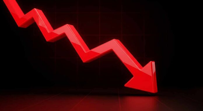 Red 3d downward trending arrow on dark background with grid patt