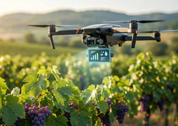 Drone flying over vineyard monitoring grape health with holograp