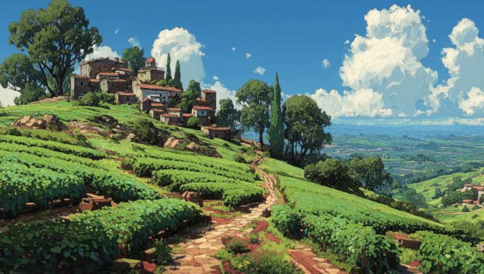 Panoramic artistic painting of lush green fields and vineyards on a hillside overlooking a valley with a small village under a cloudy sky