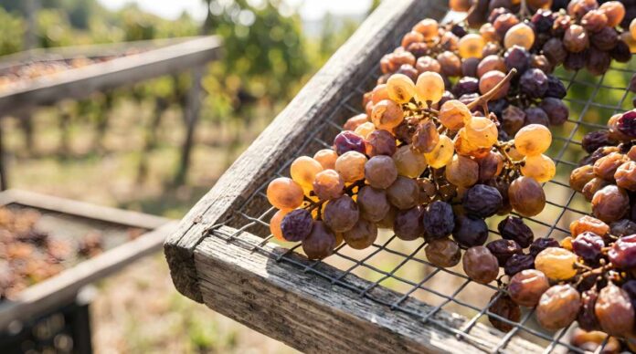 Close up of grapes drying into raisins in the sun on a wire rack
