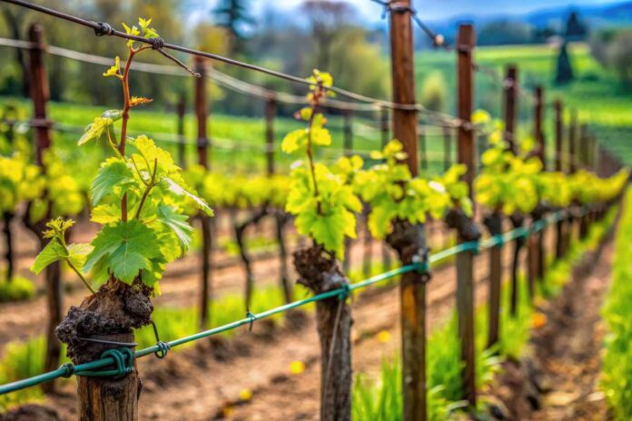 New vineyard thrives: rusty trellises support young barbatelle v